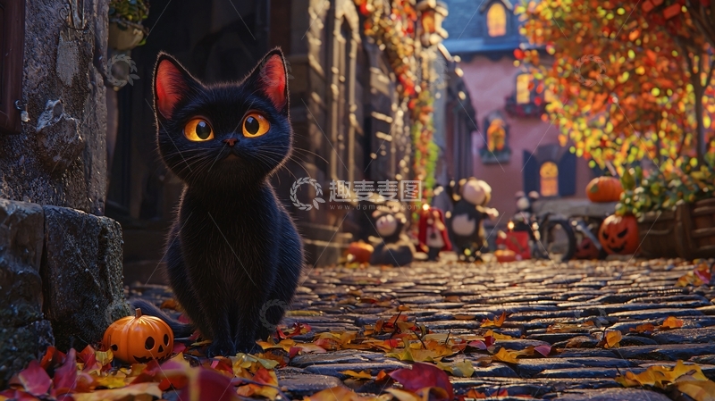 高清大图下载【趣麦麦图】万圣节黑猫与南瓜灯