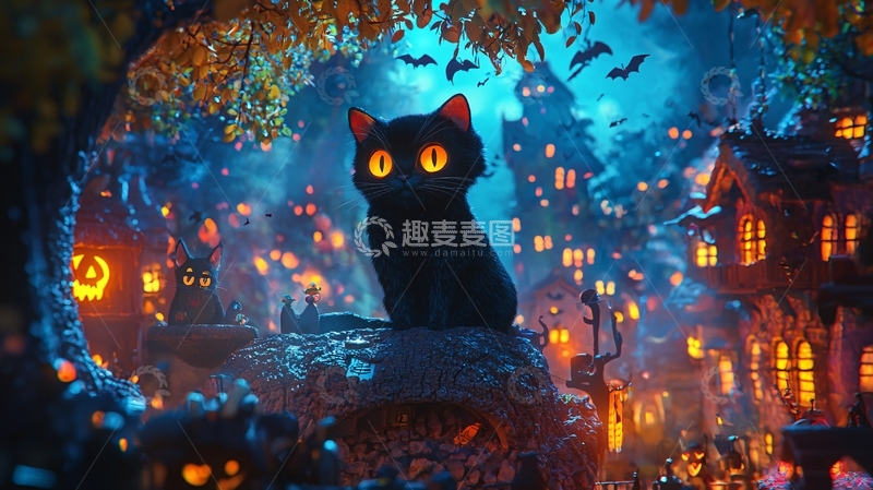 高清大图下载【趣麦麦图】万圣节夜景中的黑猫