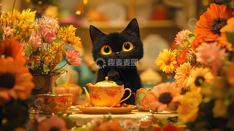 高清大图下载【趣麦麦图】黑猫与花茶的温馨场景