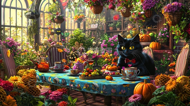高清大图下载【趣麦麦图】秋日花园里的黑猫与茶会