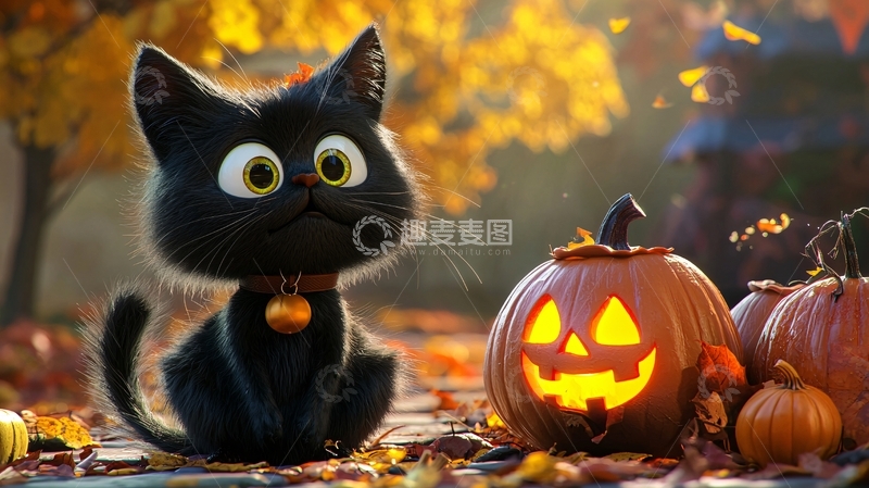 高清大图下载【趣麦麦图】万圣节黑猫与南瓜灯