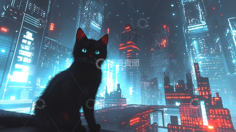 高清大图下载【趣麦麦图】黑猫夜景城市科幻