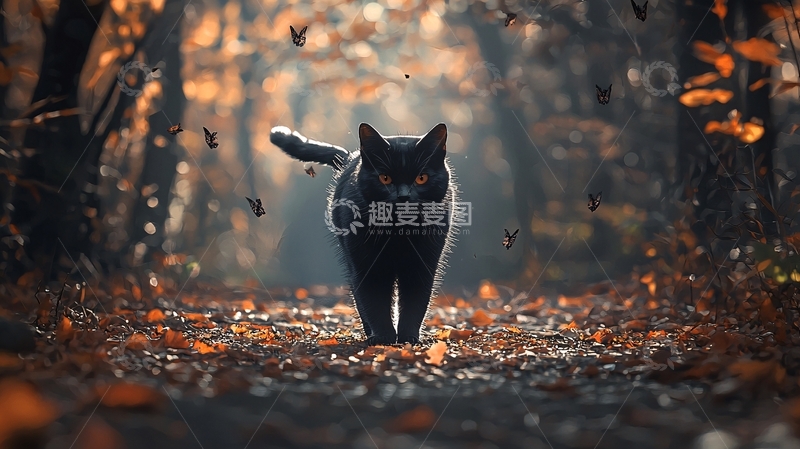 高清大图下载【趣麦麦图】秋日森林中的黑猫
