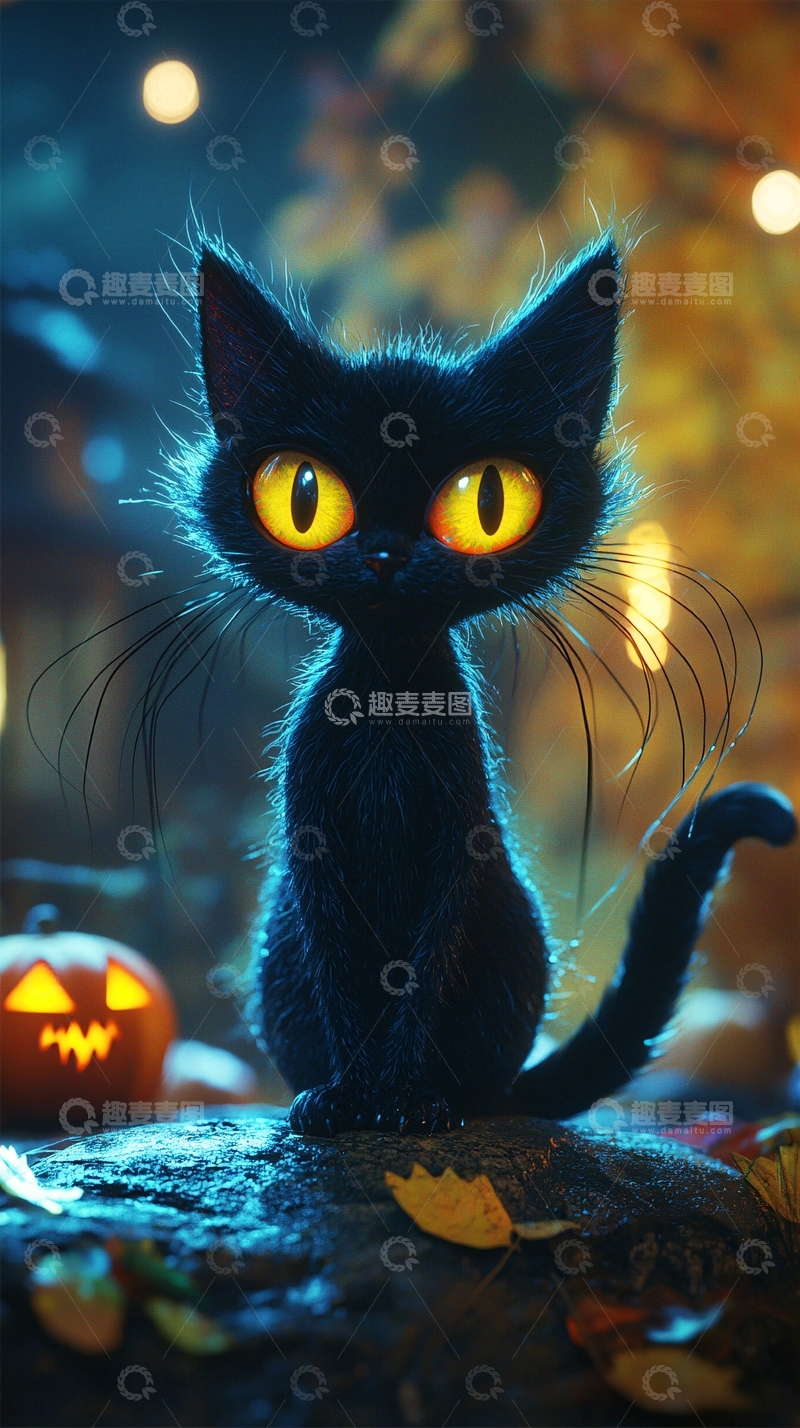 高清大图下载【趣麦麦图】万圣节黑猫南瓜灯背景