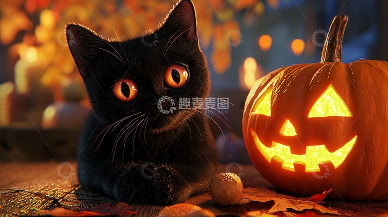 高清大图下载【趣麦麦图】万圣节黑猫与南瓜灯