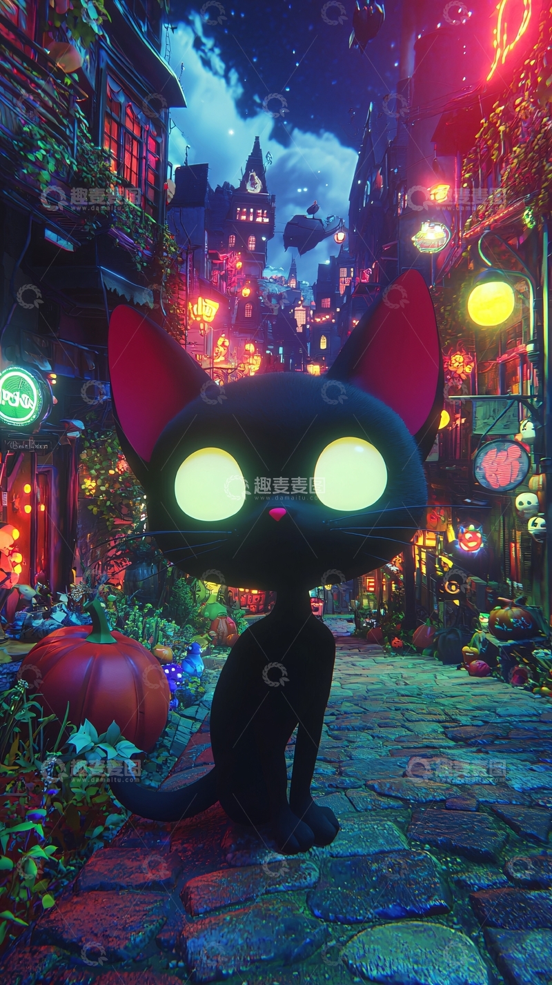 高清大图下载【趣麦麦图】万圣节夜市中的黑猫