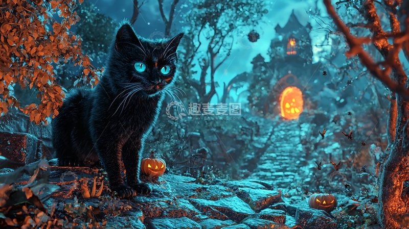 高清大图下载【趣麦麦图】万圣节黑猫与南瓜灯