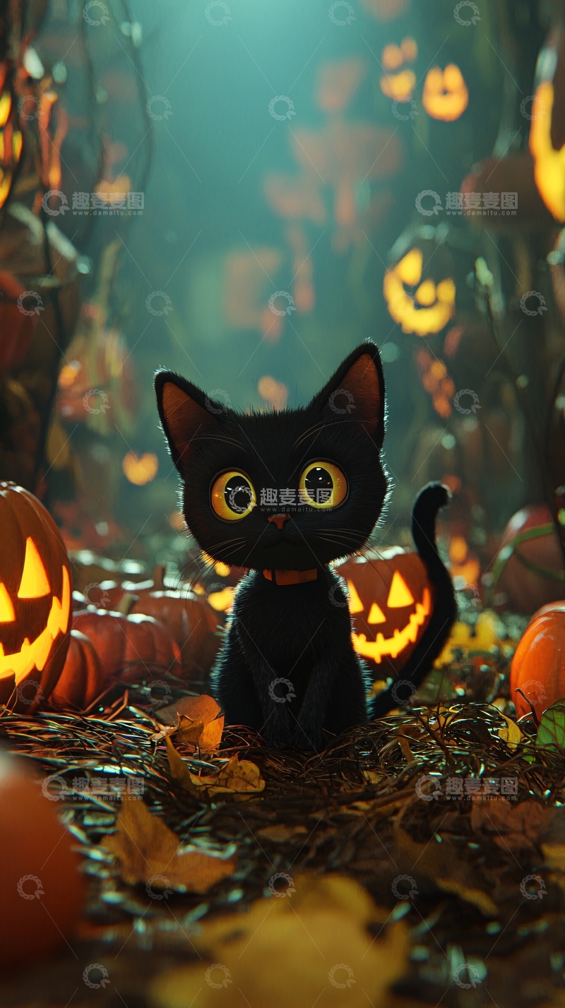 高清大图下载【趣麦麦图】万圣节黑猫南瓜灯背景