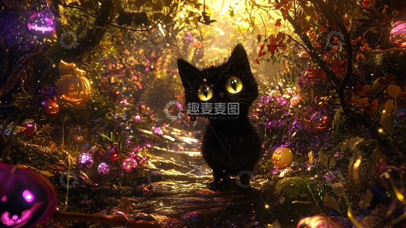 高清大图下载【趣麦麦图】万圣节森林中的黑猫