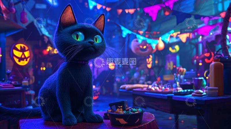 高清大图下载【趣麦麦图】万圣节夜猫与糖果篮