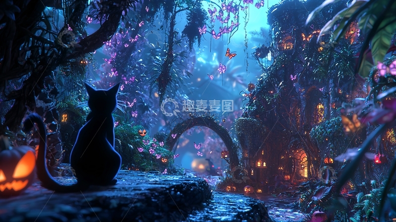 高清大图下载【趣麦麦图】神秘森林中的猫与南瓜灯