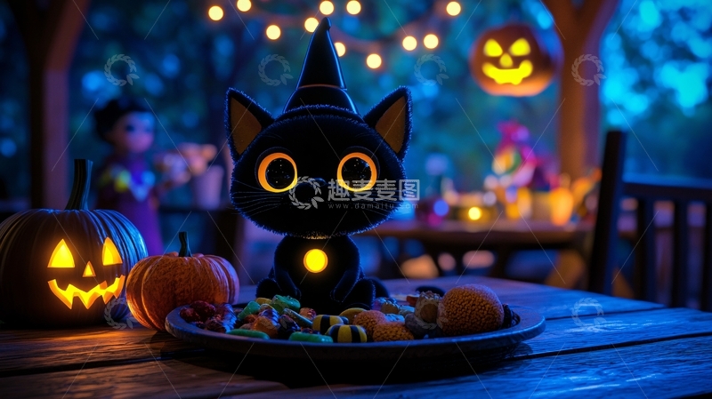 高清大图下载【趣麦麦图】万圣节黑猫与南瓜灯