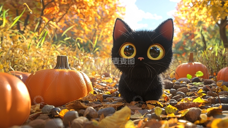 高清大图下载【趣麦麦图】秋天森林里的黑猫与南瓜