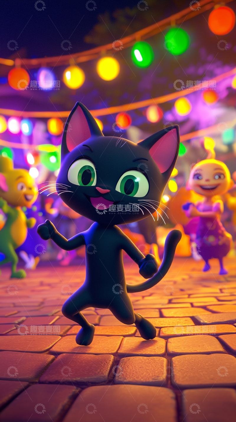 高清大图下载【趣麦麦图】夜市狂欢节中的黑猫