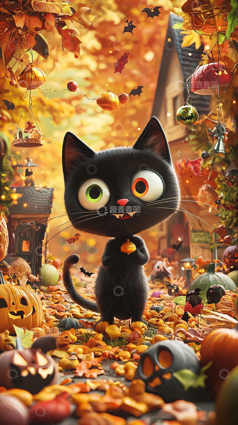 高清大图下载【趣麦麦图】万圣节黑猫南瓜装饰场景
