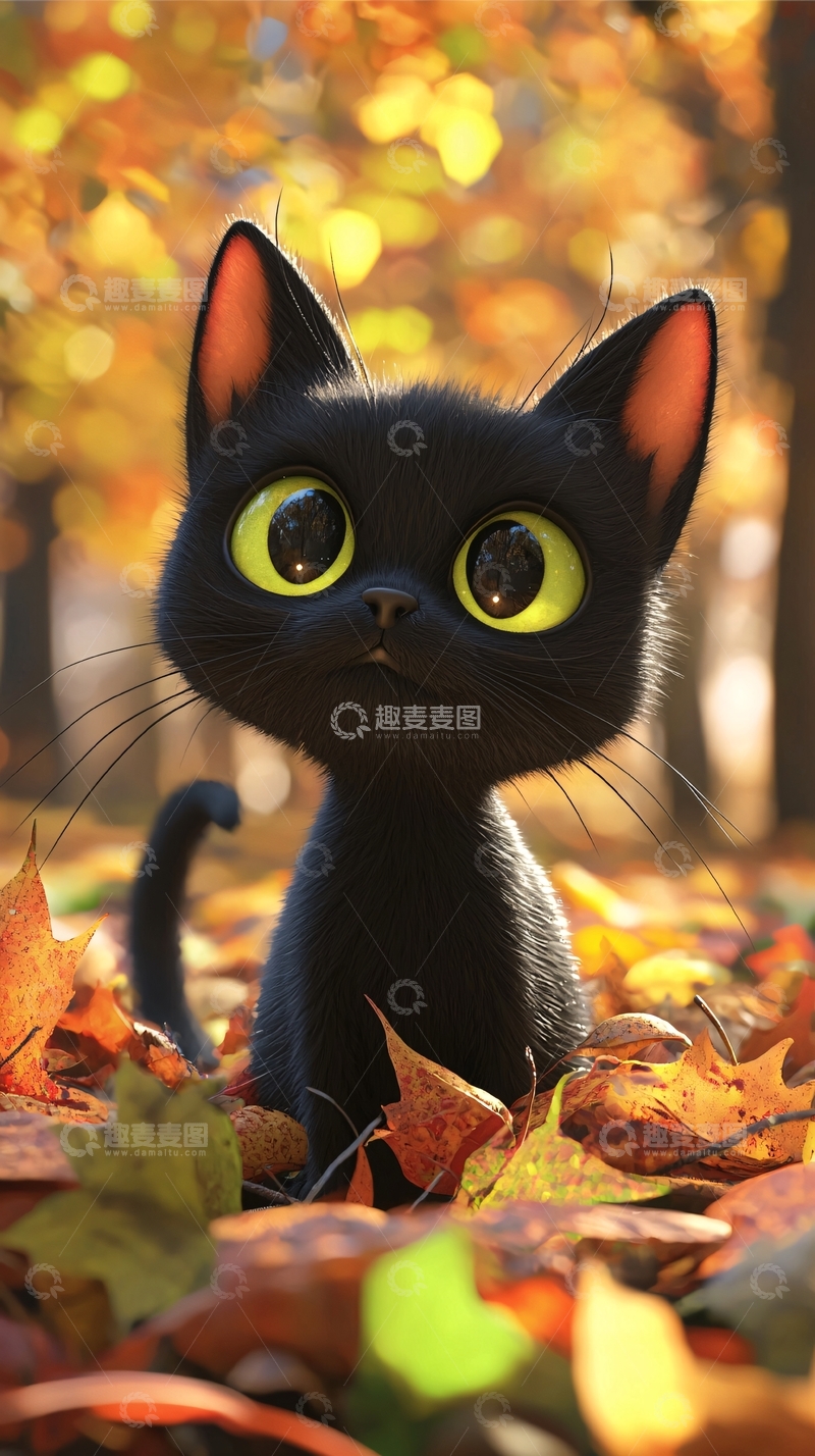 高清大图下载【趣麦麦图】秋日落叶中的黑猫