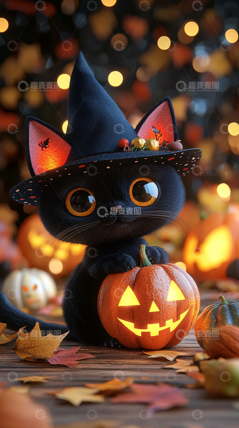 高清大图下载【趣麦麦图】万圣节黑猫与南瓜灯
