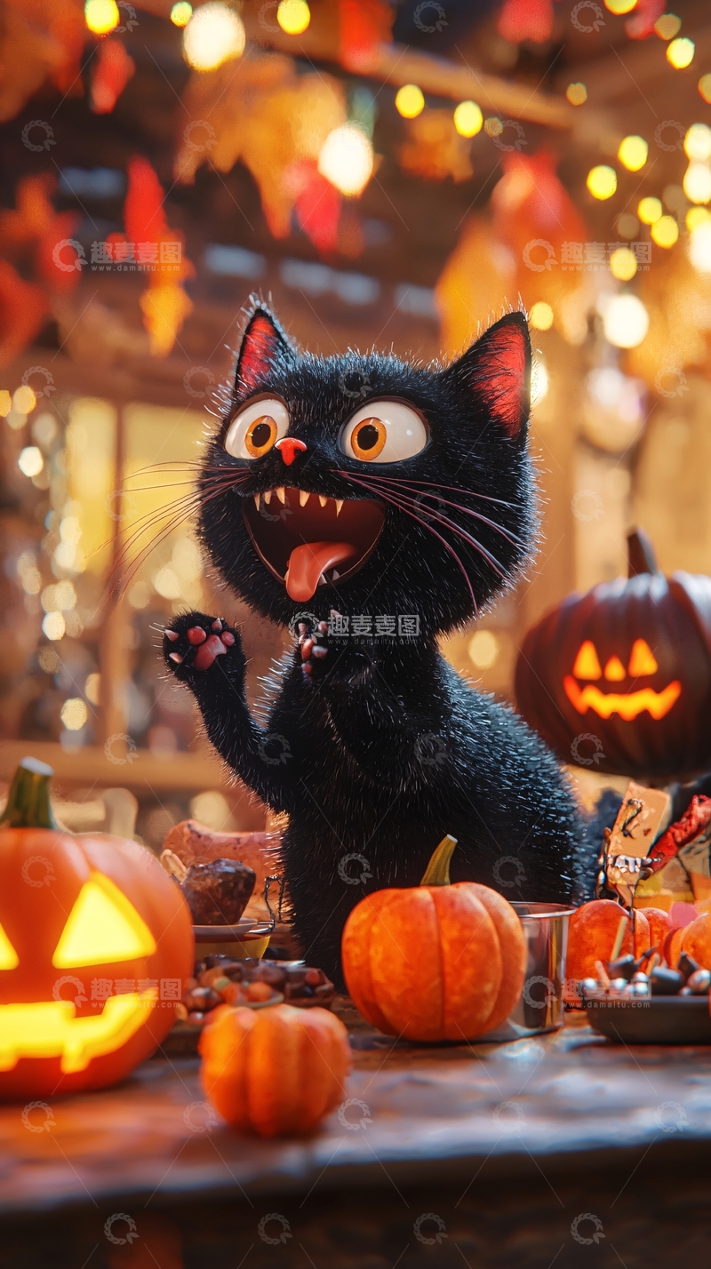 高清大图下载【趣麦麦图】万圣节黑猫与南瓜灯