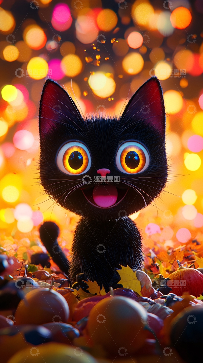 高清大图下载【趣麦麦图】万圣节黑猫与南瓜灯