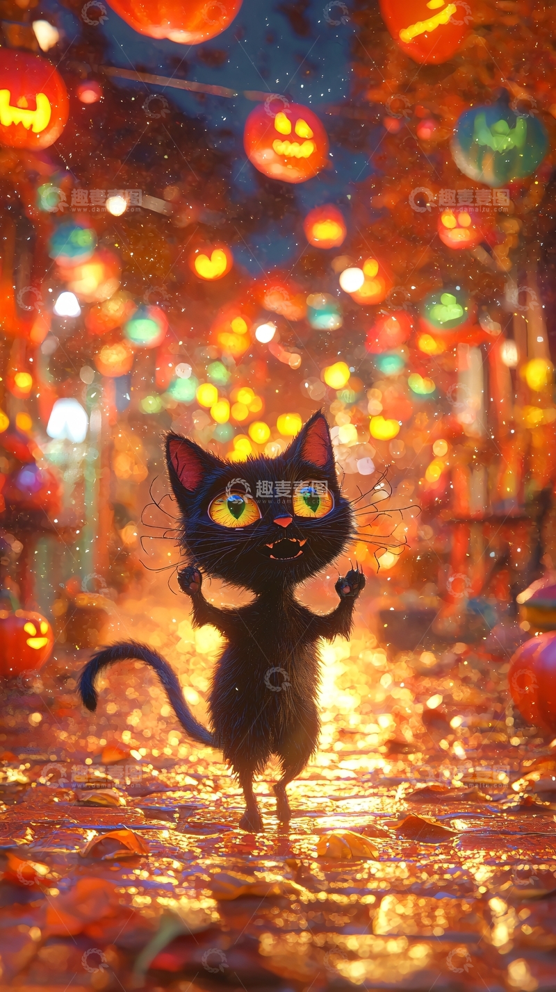 高清大图下载【趣麦麦图】万圣节黑猫跳舞背景图