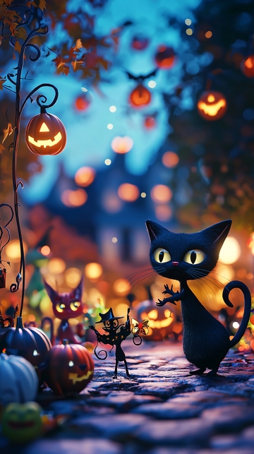 万圣节夜景中的黑猫和南瓜灯