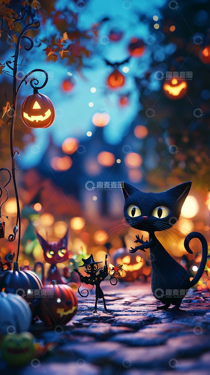 高清大图下载【趣麦麦图】万圣节夜景中的黑猫和南瓜灯