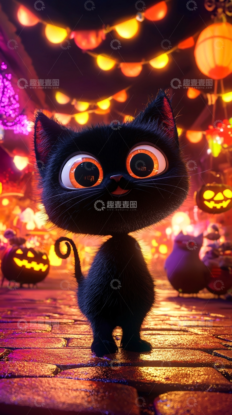 高清大图下载【趣麦麦图】万圣节黑猫夜景