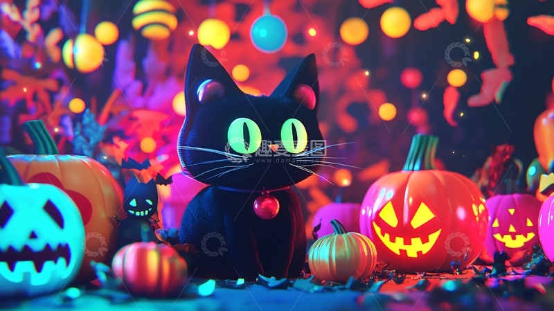 高清大图下载【趣麦麦图】万圣节黑猫与南瓜灯