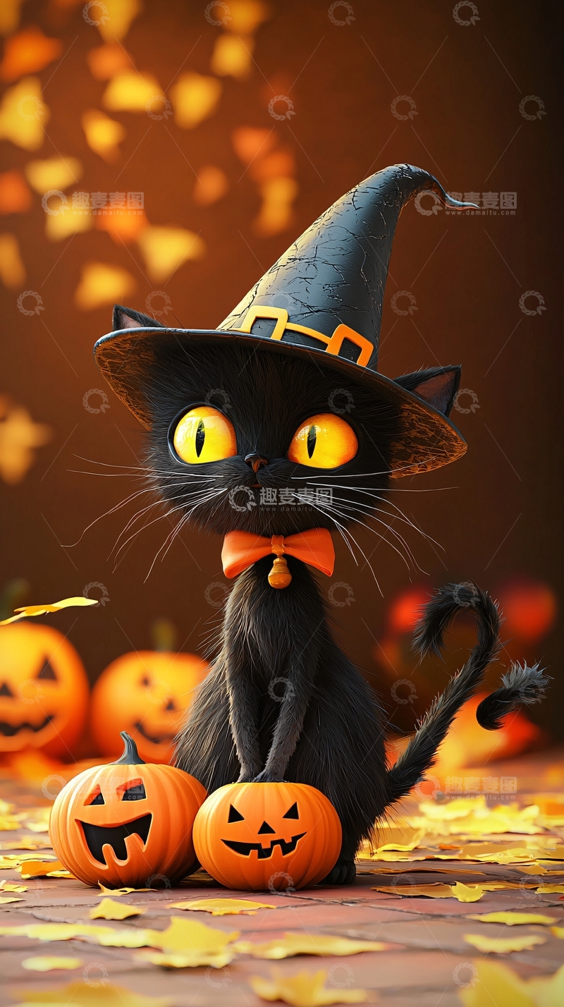 高清大图下载【趣麦麦图】万圣节黑猫南瓜灯装饰