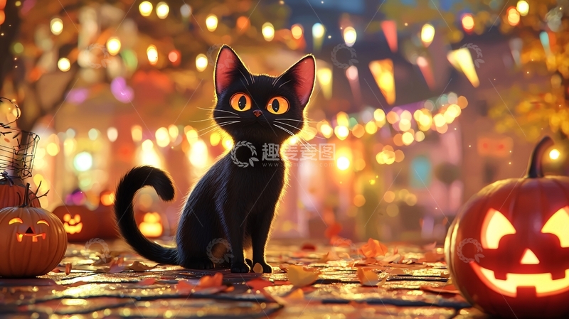 高清大图下载【趣麦麦图】万圣节黑猫南瓜灯夜景