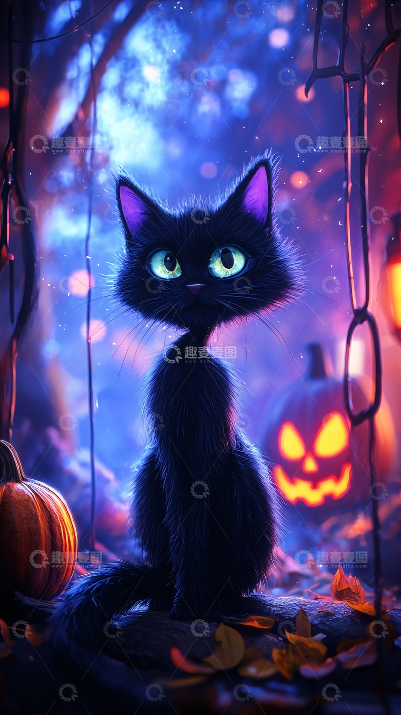 高清大图下载【趣麦麦图】万圣节黑猫南瓜灯背景