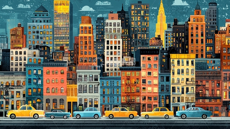 高清大图下载【趣麦麦图】复古海报风格的城市景观