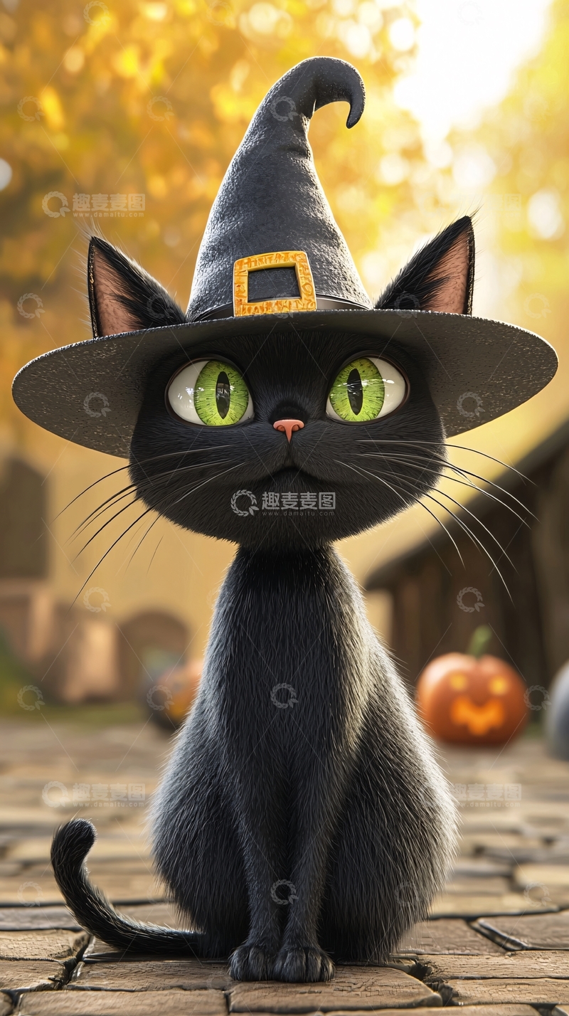 高清大图下载【趣麦麦图】万圣节黑猫巫师帽