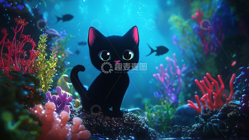 高清大图下载【趣麦麦图】海底黑猫探险