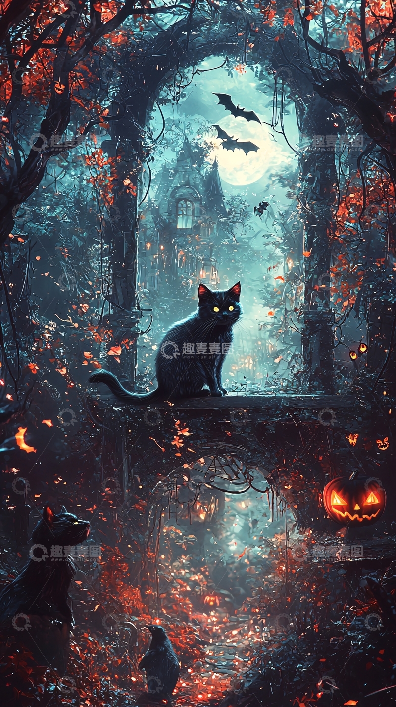 高清大图下载【趣麦麦图】万圣节森林中的黑猫