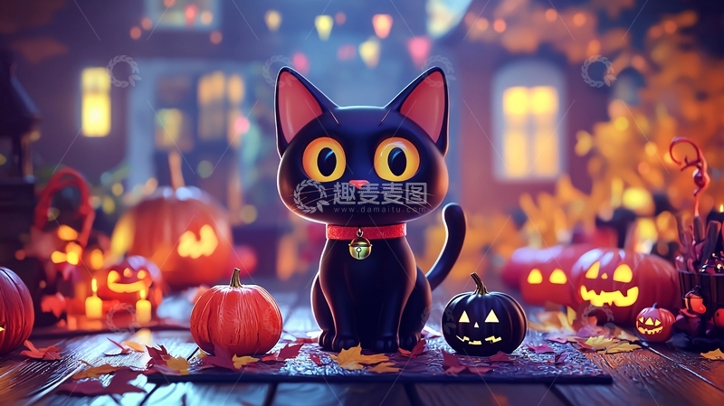 高清大图下载【趣麦麦图】万圣节黑猫与南瓜灯