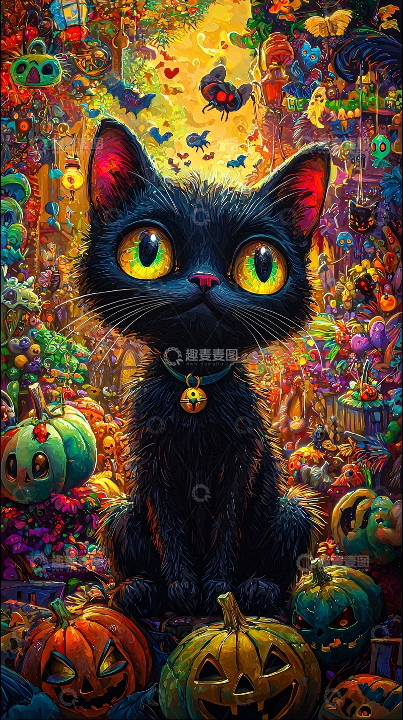 高清大图下载【趣麦麦图】万圣节黑猫与南瓜灯