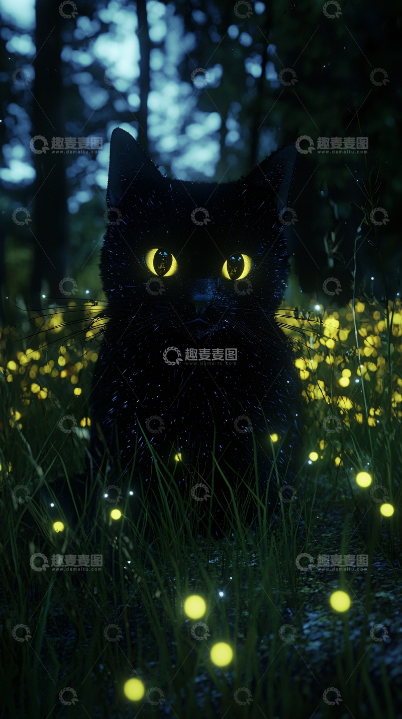 高清大图下载【趣麦麦图】夜晚森林中的神秘黑猫