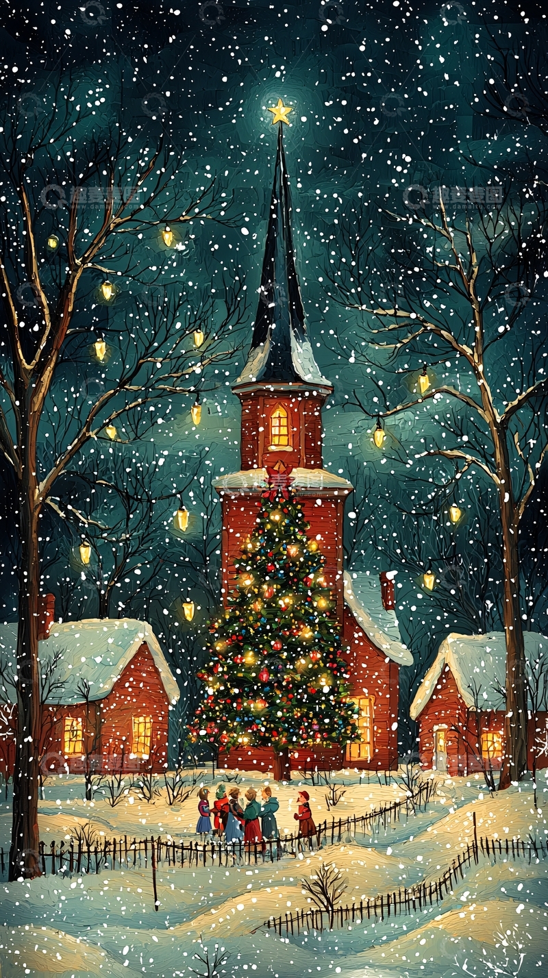 高清大图下载【趣麦麦图】圣诞节温暖家庭场景玻璃艺术风格