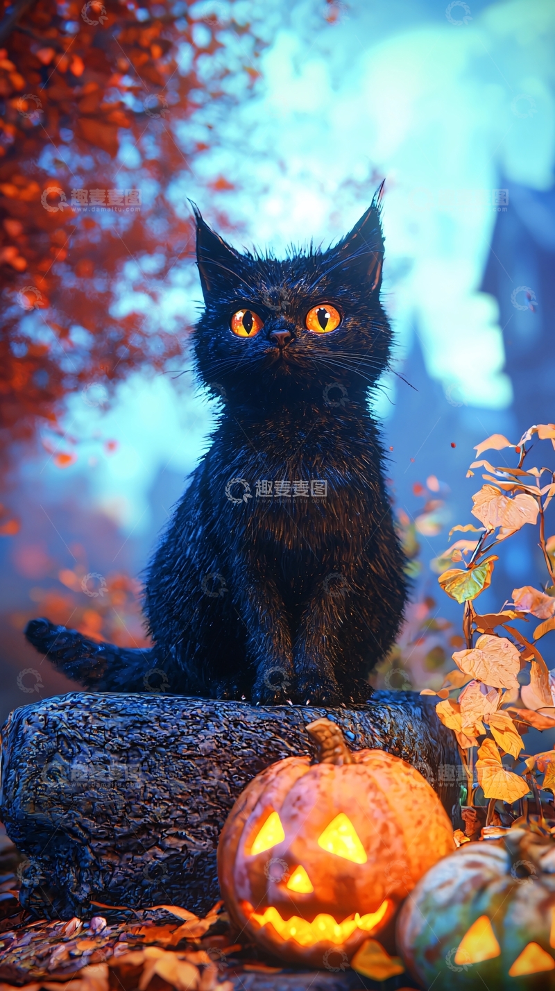 高清大图下载【趣麦麦图】万圣节黑猫与南瓜灯