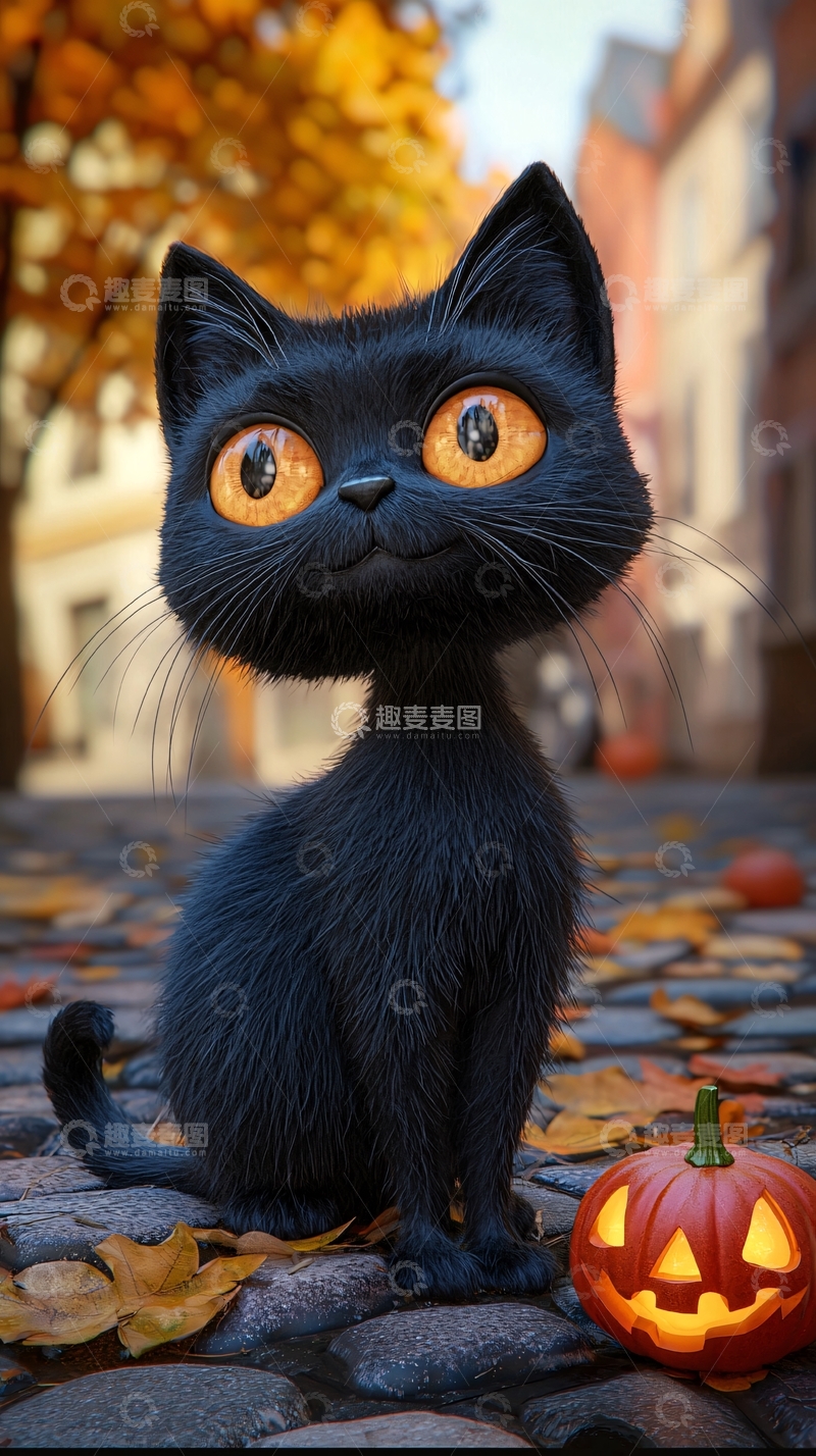 高清大图下载【趣麦麦图】黑色猫咪与南瓜灯的秋日街景