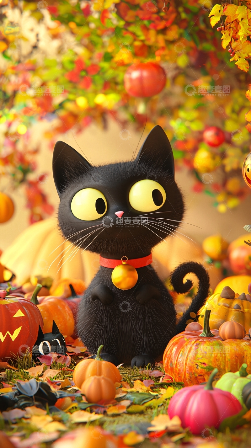 高清大图下载【趣麦麦图】万圣节黑猫与南瓜