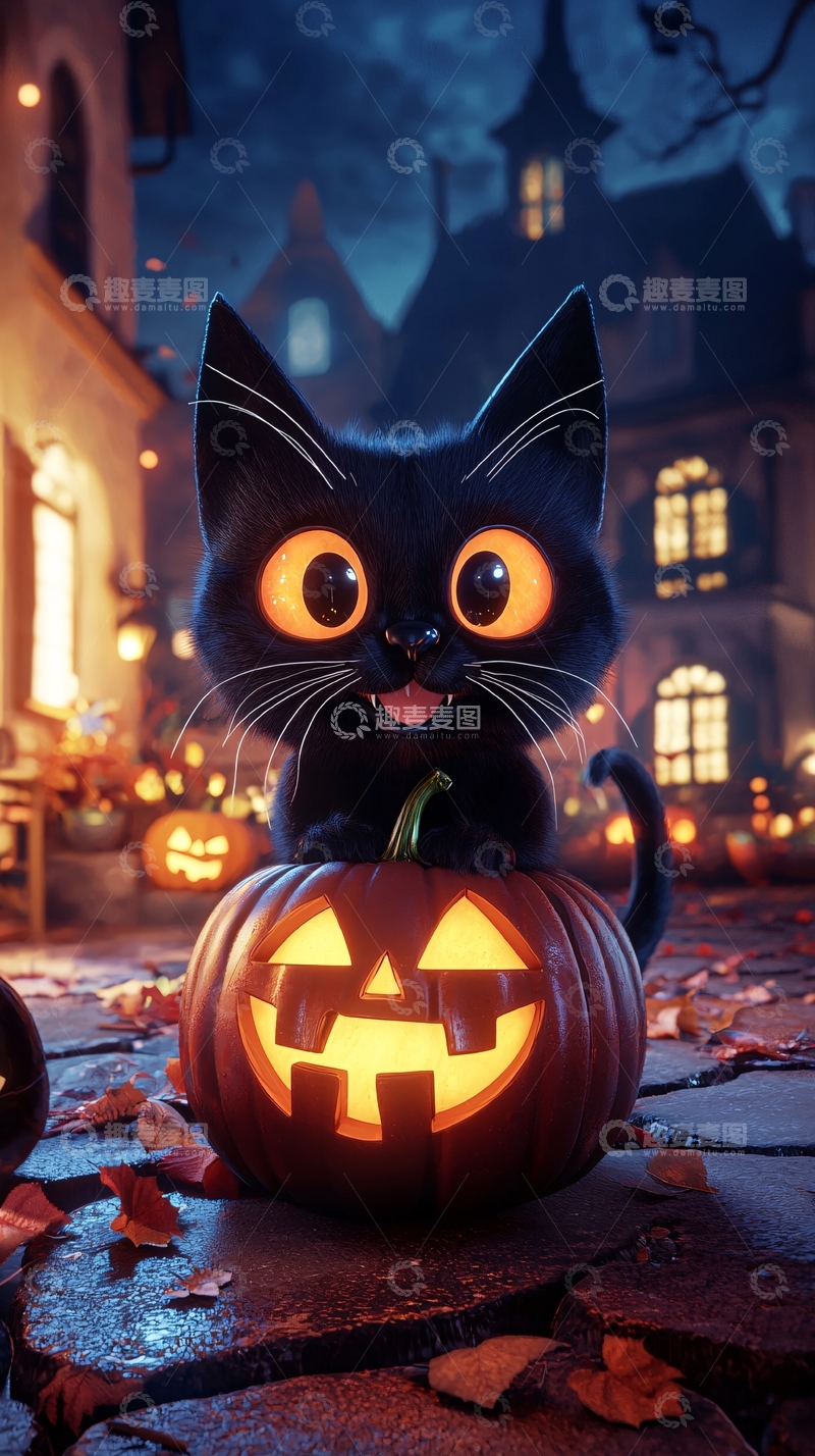 高清大图下载【趣麦麦图】万圣节黑猫与南瓜灯