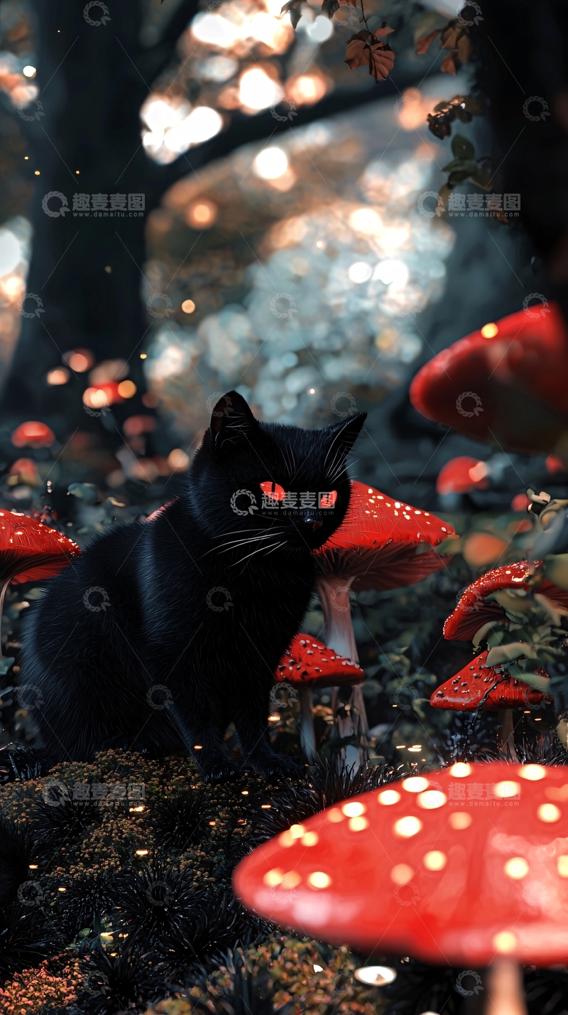 高清大图下载【趣麦麦图】黑猫与红蘑菇的梦幻森林