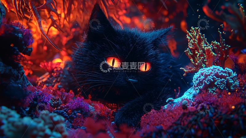 高清大图下载【趣麦麦图】黑猫海底珊瑚礁