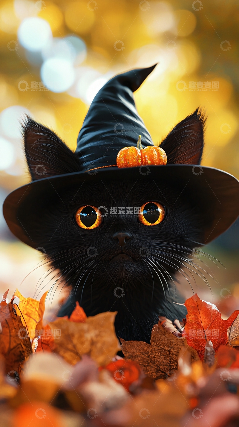 高清大图下载【趣麦麦图】万圣节黑猫巫帽背景图