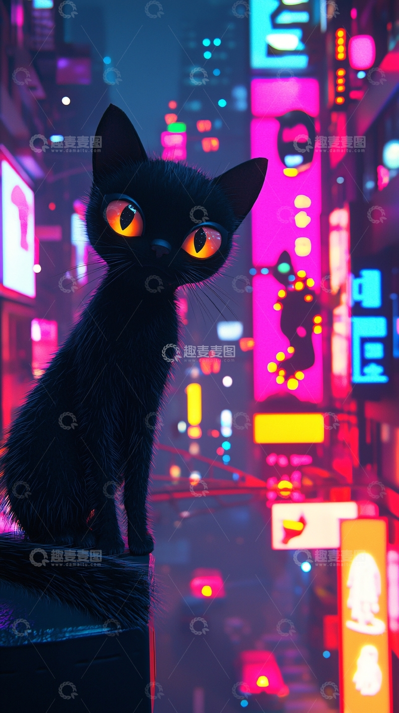 高清大图下载【趣麦麦图】黑猫霓虹灯城市夜景