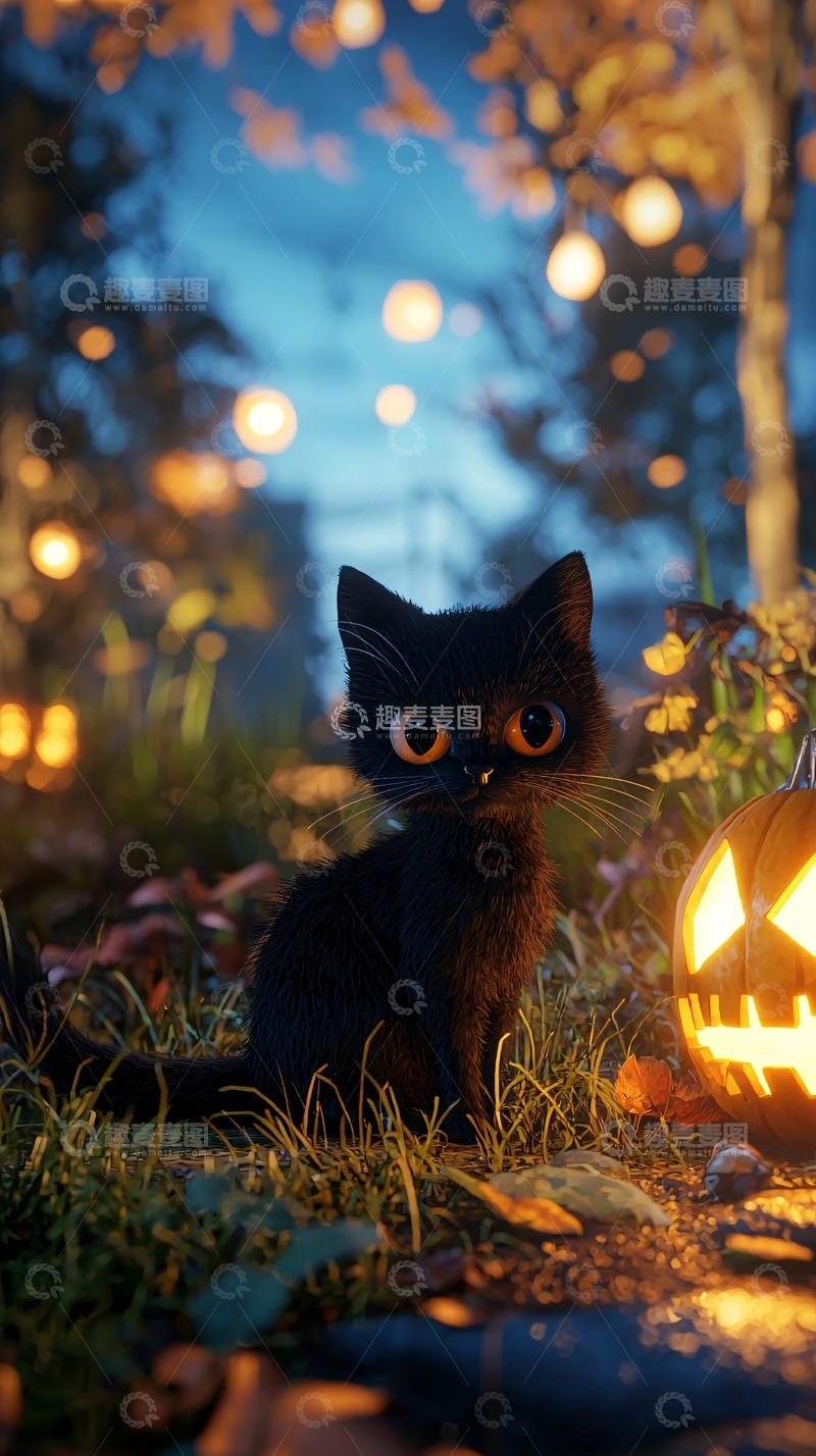 高清大图下载【趣麦麦图】万圣节黑猫与南瓜灯