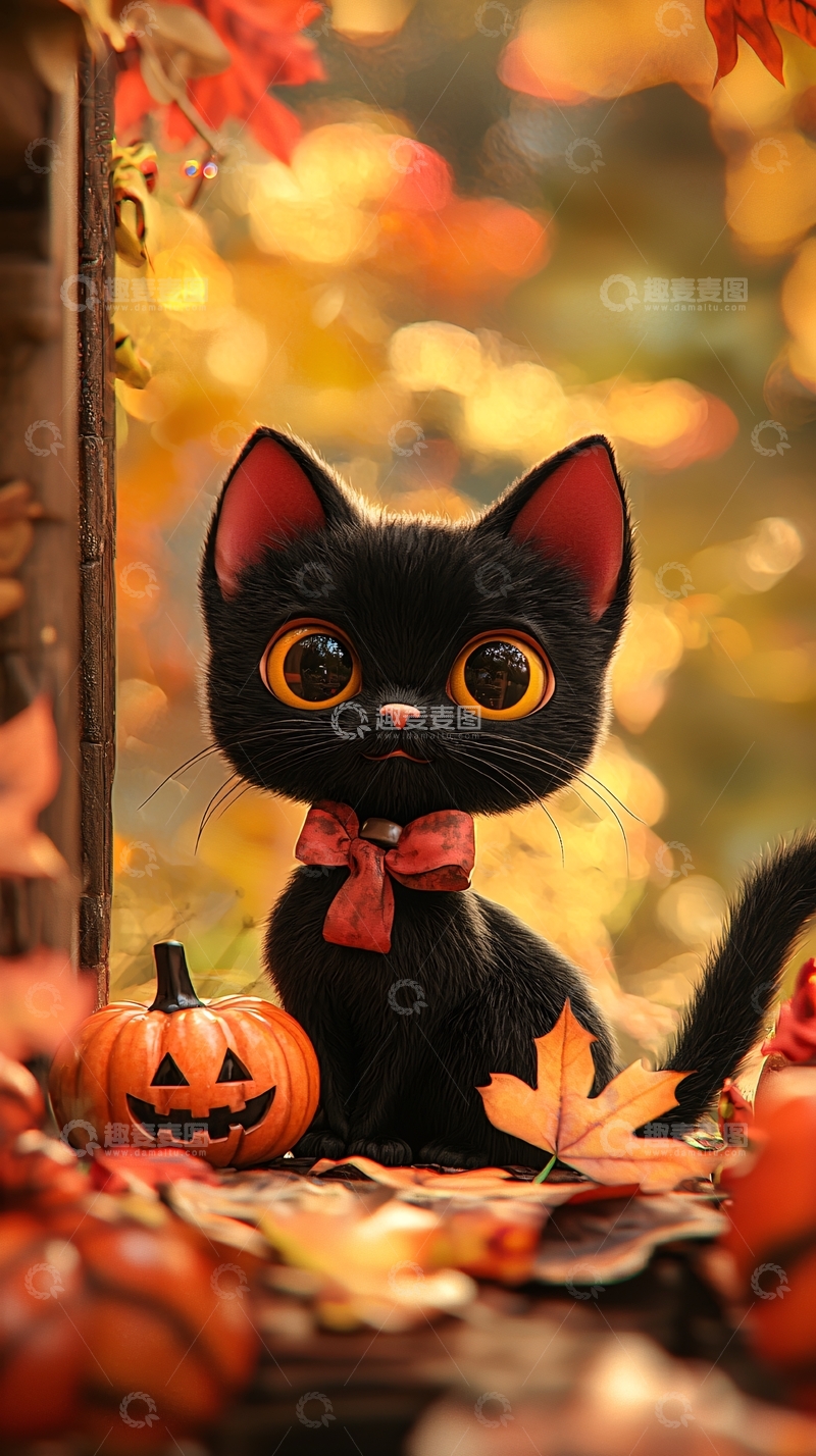 高清大图下载【趣麦麦图】秋日黑猫与南瓜灯
