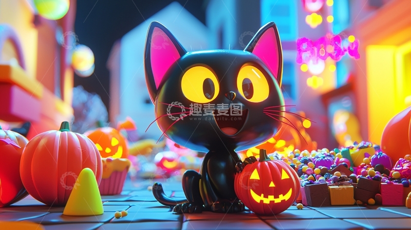 高清大图下载【趣麦麦图】万圣节黑猫与南瓜灯